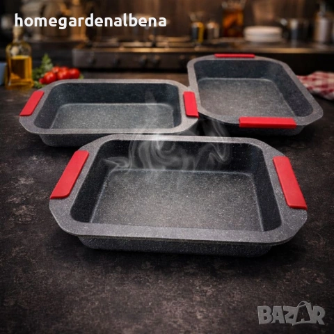 Комплект тави за печене Cheffinger 3 части мраморно покритие силиконови дръжки въглеродна стомана