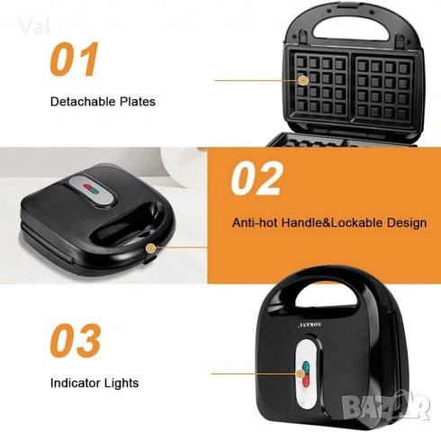 Тостер сандвич 750W,незалепващи и подвижни плочи,LED индикатор SOKANY SK-902, снимка 7 - Тостери - 54733162