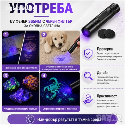 Мощен UV фенер 365nm с черен филтър ув фенерче лампа за фалшиви пари печати смола урина на батерии, снимка 3 - Друга електроника - 54366637