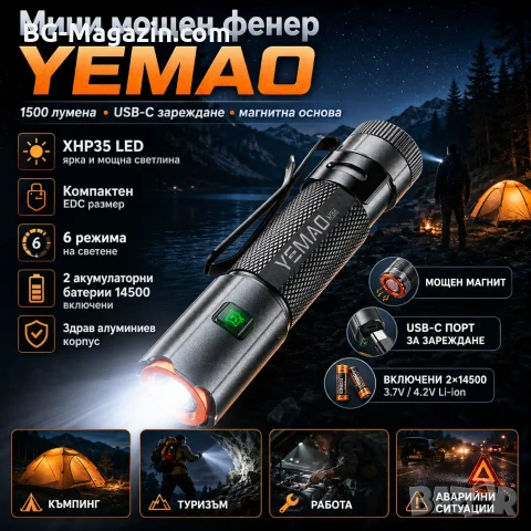 Мини мощен фенер YEMAO M52 – 1500 Лумена, 2 акумулаторни батерии, магнит и USB-C зареждане