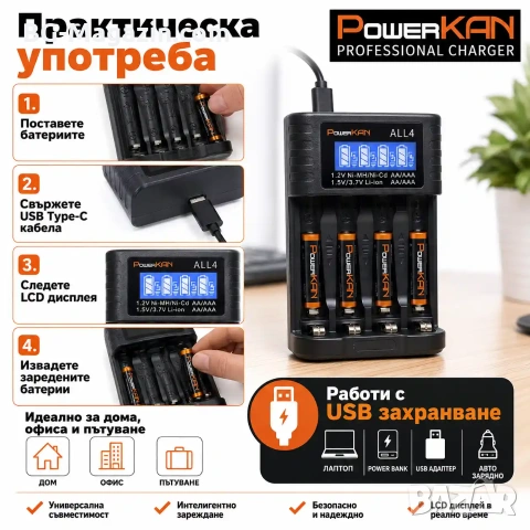 Универсално зарядно устройство PowerKAN ALL4 за 4 броя AA AAA батерии с автоматично разпознаване LCD, снимка 7 - Друга електроника - 54340553