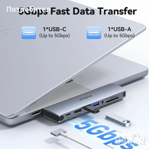 USB C Адаптер Хъб 8 в 1 HDMI 4K SD/ TF Карта MacBook  , снимка 6 - Кабели и адаптери - 54906087