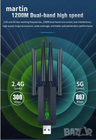 WIFI USB АДАПТЕР DUAL BAND 2.4G+5GHZ WI-FI DONGLE 4 АНТЕНА 802.11AC USB 3.0 , снимка 2 - Мрежови адаптери - 55467214