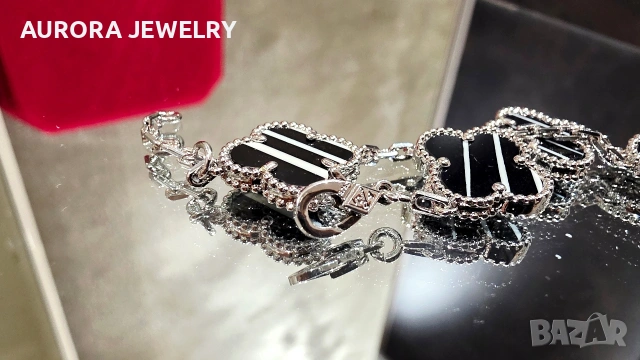 Van Cleef & Arpels VCA 5 Motifs Silver Veined Black Onyx Vintage Alhambra Дамска Гривна, снимка 7 - Гривни - 54710078