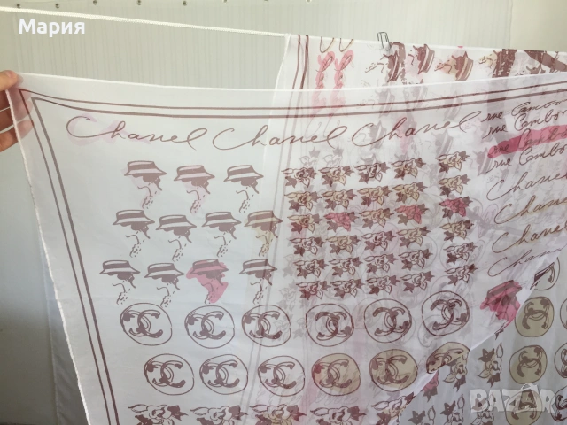 Chanel Копринен Дамски Шал Голям Прозрачен Ефирен Шанел Бял Лого Цветя , снимка 10 - Шалове - 54981589