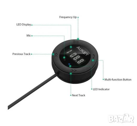 AUKEY – FM трансмитер с Bluetooth, с безжична връзка и функция за разговори, снимка 4 - Друга електроника - 54509664