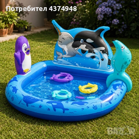 Надуваем детски басейн с морски животни, водни играчки и игра за хвърляне на халки, 134 x 131 x 73 с