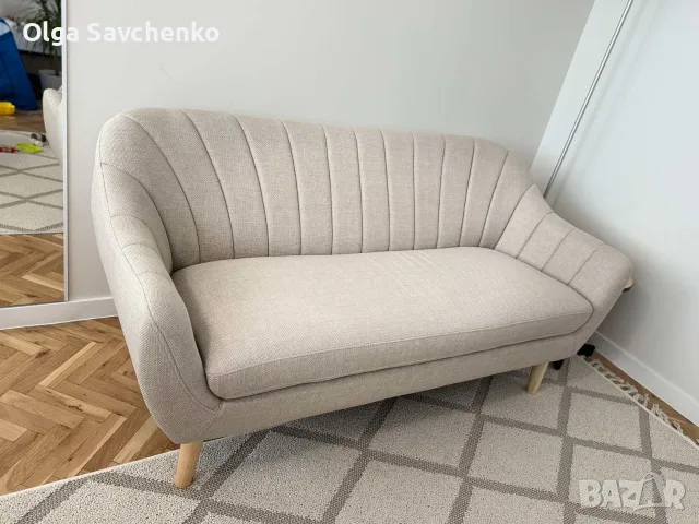Диван 2,5-местен бежов текстил/цвят дъб, снимка 3 - Дивани и мека мебел - 55429328