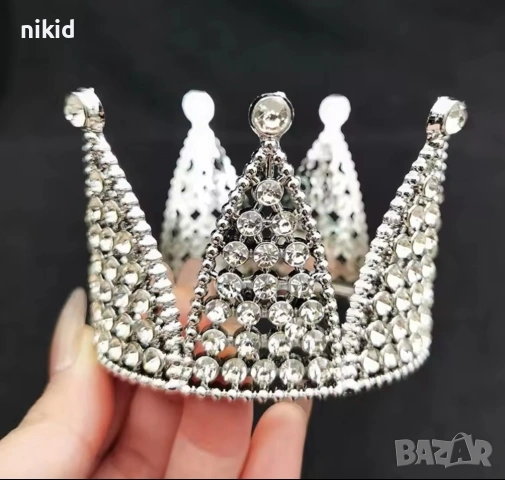 сребриста корона с камъни диаманти за декорация украса торта глава коса