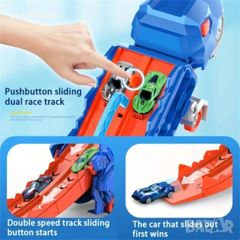 2-в-1 Камион Писта „Син Тиранозавър“ с 8 Колички за Екстремни Състезания 4793, снимка 2 - Коли, камиони, мотори, писти - 53983810