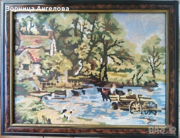 Винтидж ръчно бродиран гоблен от 80 те, изобразяващ известния класически пейзаж „Каруцата за сено“ 