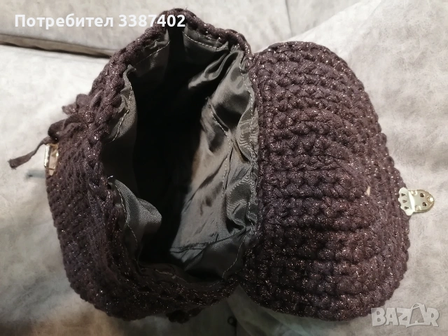 ръчно плетена раничка в кафяво с ламе, снимка 5 - Чанти - 54030217