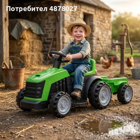 Детски акумулаторен трактор с ремарке 6V – Зелен, 25W мотор, до 30 кг, за деца 3+ години