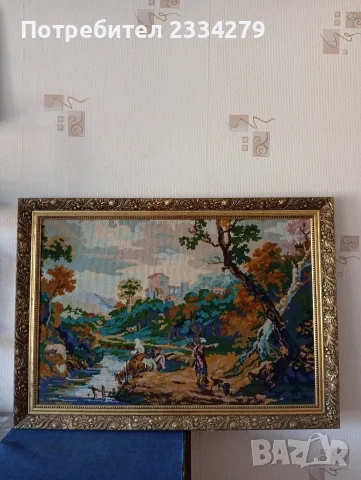 Стар гоблен в барокова дървена рамка, ръчна изработка., снимка 6 - Картини - 55429496