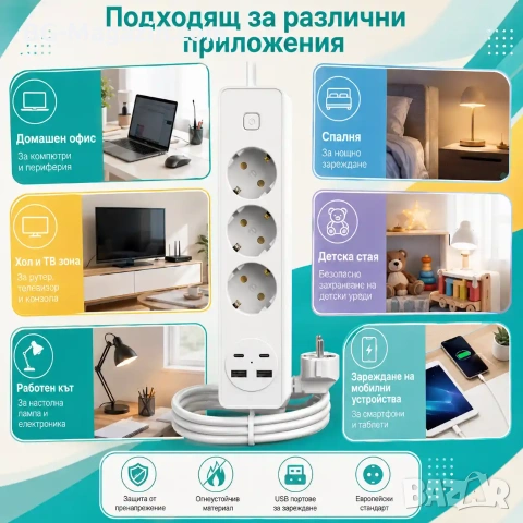 Смарт Разклонител Aerbes с 3 контакта 4 USB портове Type-C и 2м кабел, снимка 2 - Друга електроника - 55123667