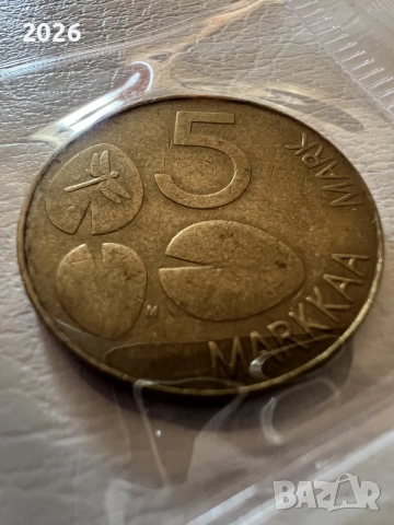 Красива скандинавска монета Финландия – 5 Марки (5 Markkaa), 1993 г. (Тюлен)