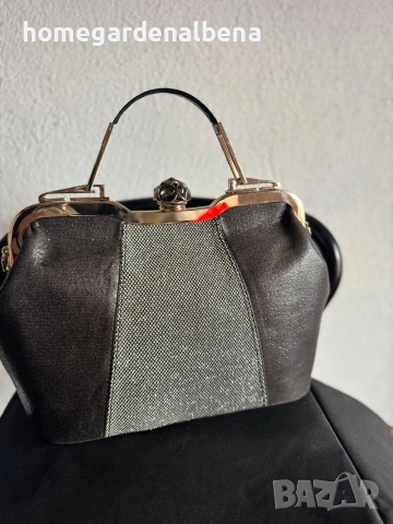 Елегантна вечерна чанта тип доктор, черен сатен, сребриста рамка, кристална закопчалка