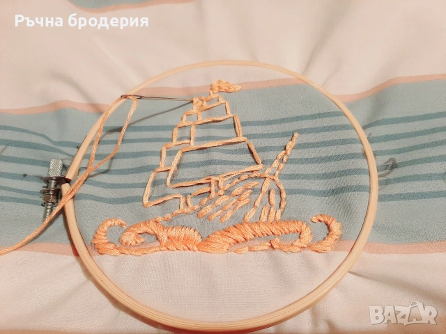 Позлатена ръчна бродерия с морски мотиви (калъфка), снимка 8 - Възглавници - 55165416