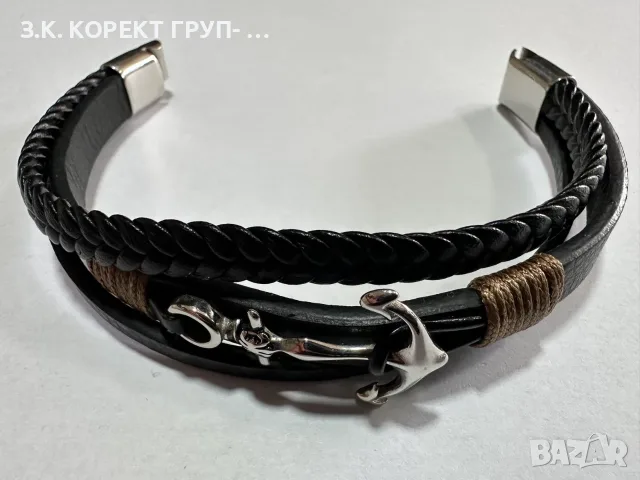 Мъжка гривна Silver Flame с котва – естествена кожа и неръждаема стомана – 21,5 см, снимка 5 - Гривни - 55411936