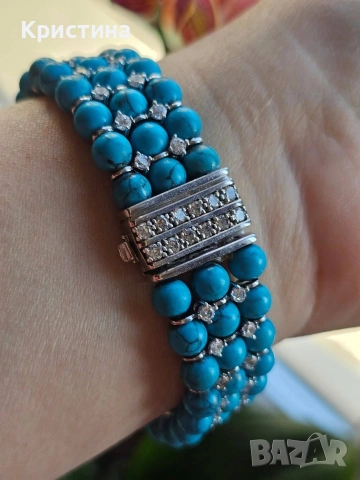 Уникална сребърна гривна с Тюркоази и Рубини, снимка 3 - Гривни - 54058793