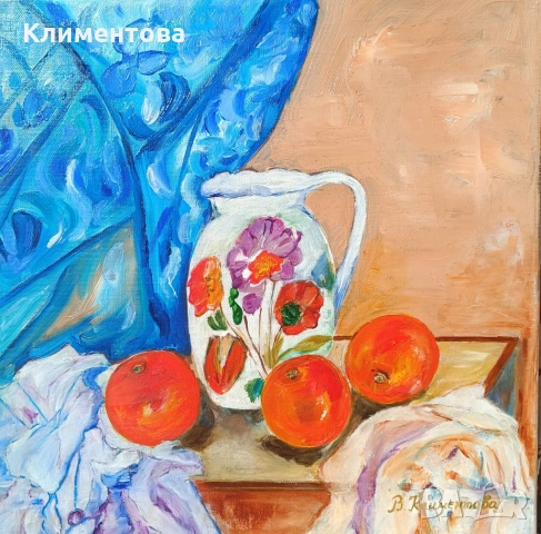 Натюрморт " Бяла кана и портокали", снимка 2 - Картини - 54386014