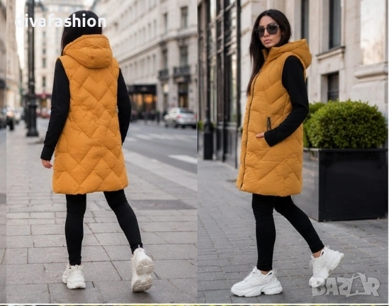 ✅Дамски дълъг елек грейка ✅XL цвят горчица с качулка