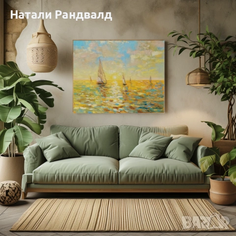 «Златно утро» – авторска маслена картина с яхти, снимка 3 - Картини - 54427876