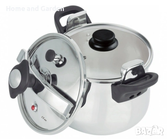 Тенджера под налягане Rosberg, 5л/7л/9л, Индукция, Неръждаема стомана, Стъклен и метален капак