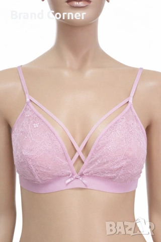 Сутиен Hunkemöller L – розова дантела с декоративни кръстосани ленти