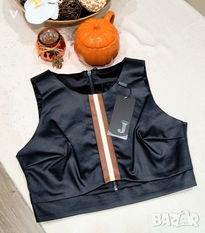 Дамско черно кожено бюстие с кафяв акцент Junona Юнона топ риза блуза боди панталон кожен клин 