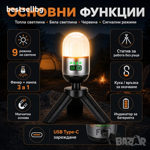 Мощна къмпинг лампа осветление LED фенер за палатка туризъм рибов, снимка 2 - Къмпинг осветление - 54367164
