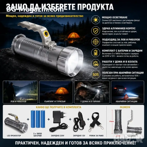 Професионален мощен акумулаторен ръчен прожектор LED фенер 3 батерии 18650 за лов риболов къмпинг, снимка 7 - Къмпинг осветление - 51027579