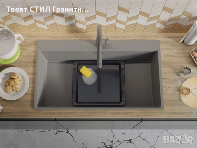 Сива кухненска гранитна мивка Осло 90 XXL Top 880 x 500 мм, снимка 3 - Мивки - 54700675