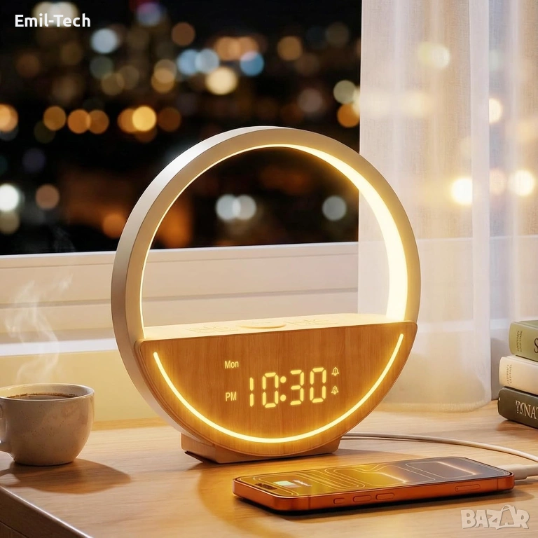 LED нощна лампа с часовник + безжично зареждане + светлинна аларма (4в1), снимка 1