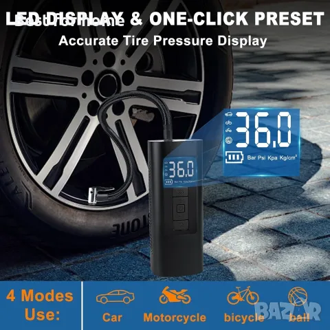 Преносим въздушен компресор за гуми, 6000mAh и 150PSI въздушна помпа за автомобилни гуми, снимка 3 - Компресори - 55646864