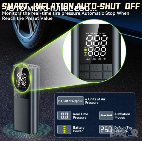 Мини безжичен компресор за гуми с батерия 8000mAh, снимка 3 - Аксесоари и консумативи - 54748002