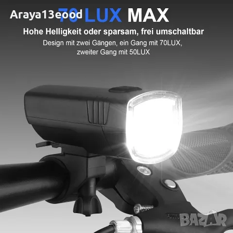 Toptrek USB акумулаторни светлини за велосипед – предна и задна, StVZO, 70 Lux, USB-C, снимка 4 - Аксесоари за велосипеди - 55623265