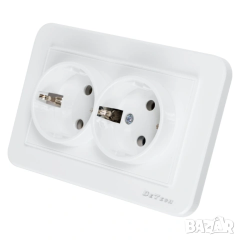 Двоен електрически контакт DeTech DE-9223-52 с рамка, Шуко, 16A, 250V, за вграждане, IP20, бял