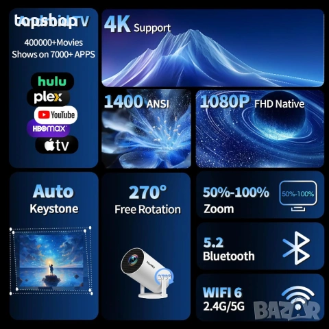 Смарт мини проектор 4K 1080P Full HD с WiFi 6 и Bluetooth (управление с мишка)  , снимка 2 - Плейъри, домашно кино, прожектори - 54878261
