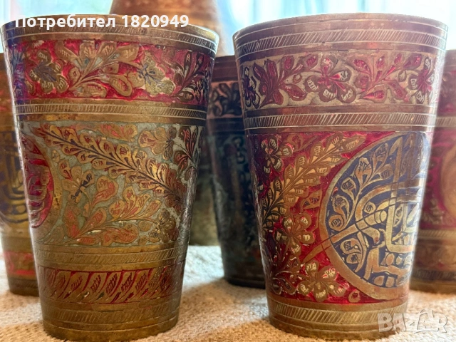 Уникален старинен ориенталски сервиз от месинг (мед 70% и цинк 30%) – кана с 5 чаши, снимка 6 - Други - 54882392