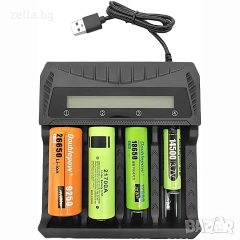Универсално зарядно устройство за батерии 4 слота LCD – Li-ion Ni-MH AA AAA 26650 21700 USB-C 10446