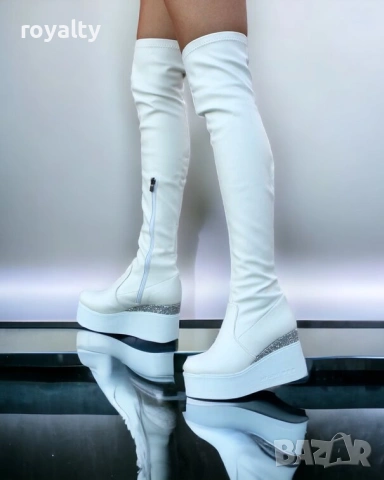 Ботуши на платформа - бяла кожа и брокат