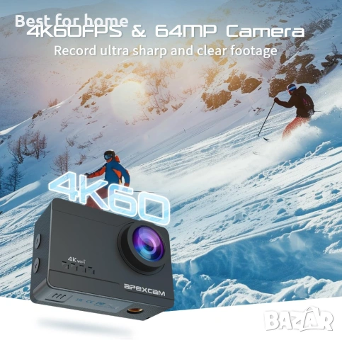 Apexcam M90 Екшън камера с 64GB карта, 4K, 60FPS, 64MP WiFi, EIS стабилизация на изображението, снимка 2 - Камери - 54454532