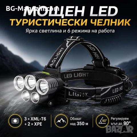 Професионален мощен LED фенер туристически челник за глава лов риболов планинарство преходи каска
