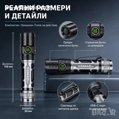 Мощен ръчен фенер YEMAO A6 – 2200 Лумена тактически дизайн USB-C и 350м обхват, снимка 4 - Къмпинг осветление - 54027505