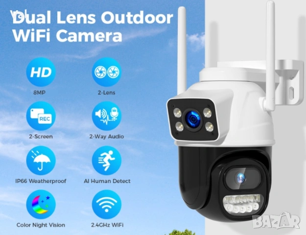 Външна 8MP WiFi Безжична Камера 4K,Автоматично проследяване,iCsee APP, снимка 3 - IP камери - 55163646