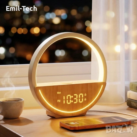 LED нощна лампа с часовник + безжично зареждане + светлинна аларма (4в1)