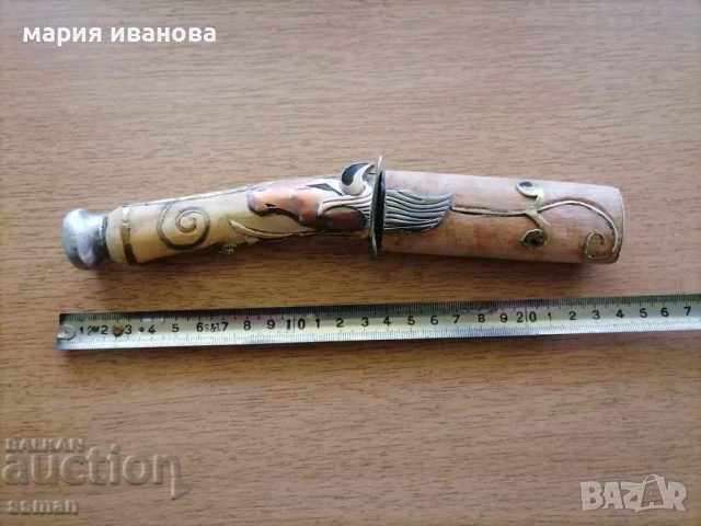 стар нож с дръжка от чемшир украса кон и камъни, снимка 6 - Други ценни предмети - 54946715