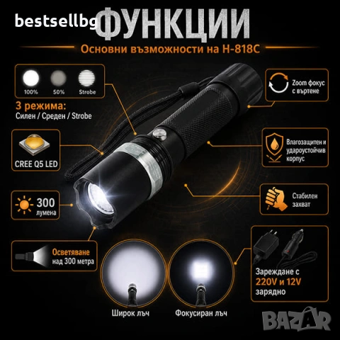 Акумулаторен фенер CREE Q5 LED с фокус батерия 18650 зарядни 220V и 12V, снимка 2 - Къмпинг осветление - 47744871