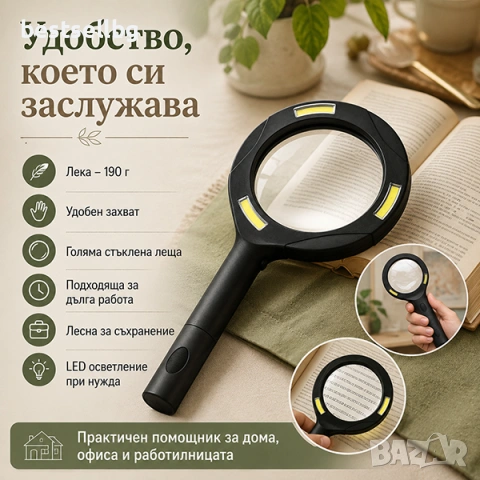 Ръчна увеличителна лупа с LED осветление 3W голямо увеличение 3X за четене офис домашна употреба , снимка 4 - Други инструменти - 22084927